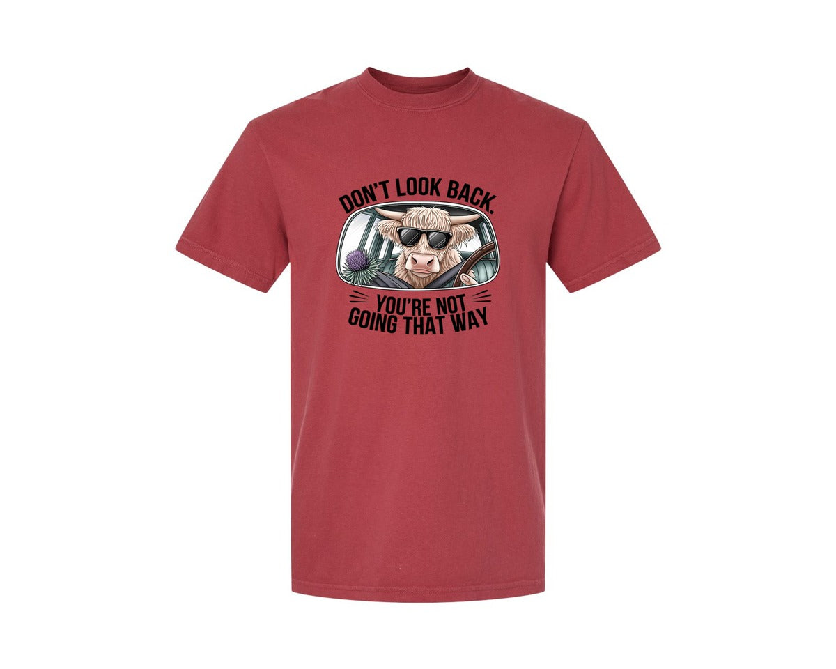 brand:Comfort Colors|color:Chili|Dont Look Back Highland Cow 4 Graphic T-Shirt