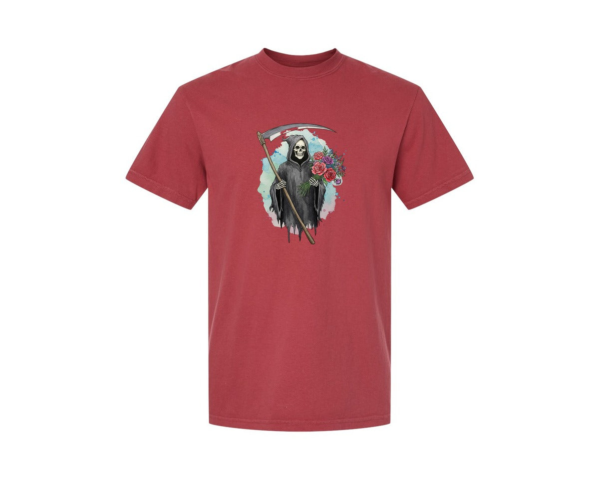 brand:Comfort Colors|color:Chili|Grim Reaper With Flowers Gothic Graphic T-Shirt