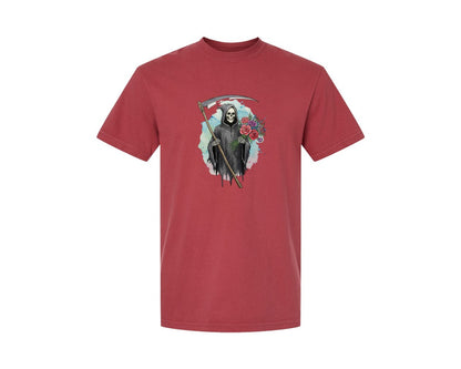 brand:Comfort Colors|color:Chili|Grim Reaper With Flowers Gothic Graphic T-Shirt