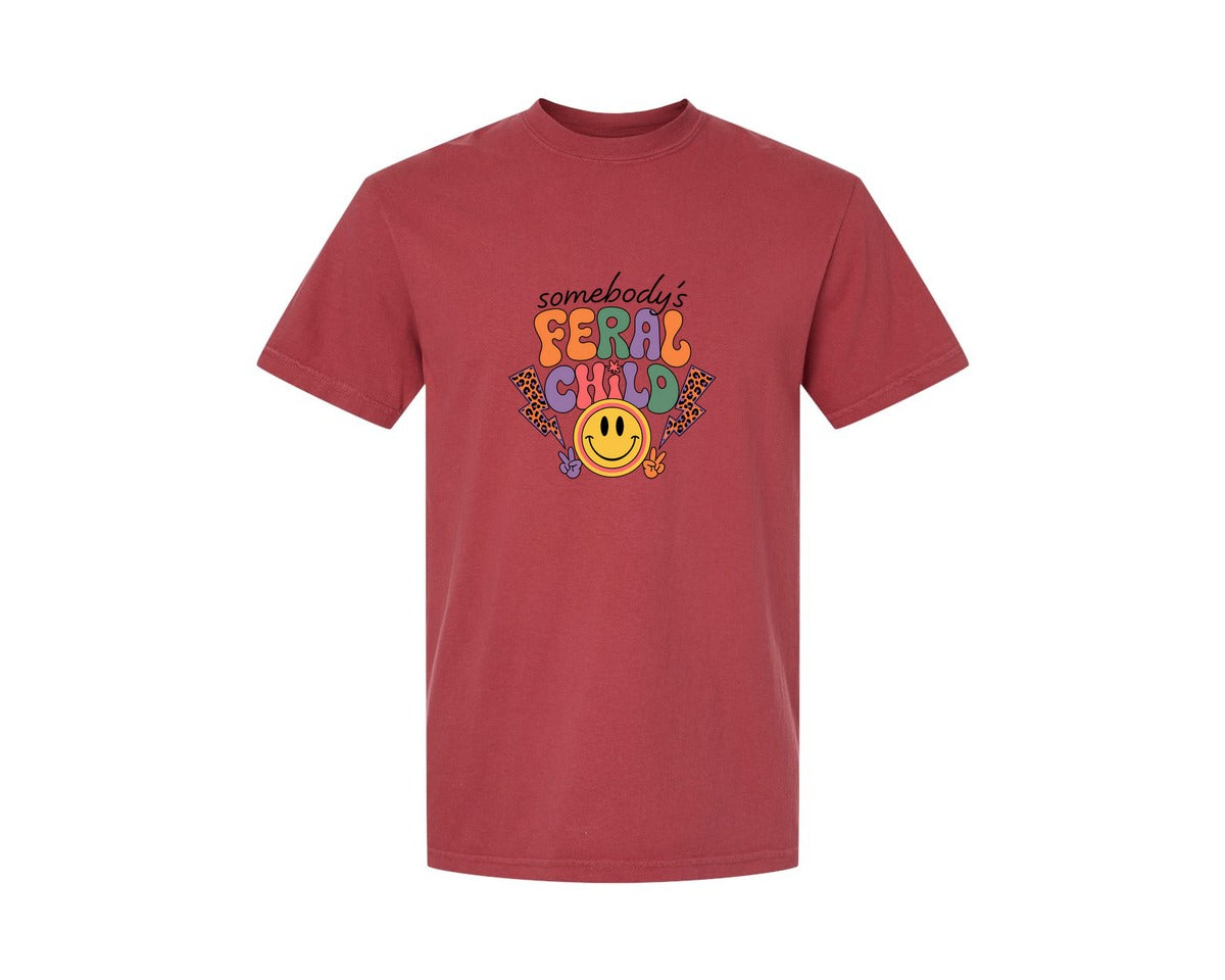 brand:Comfort Colors|color:Chili|Somebodys Feral Child Funny Summer Graphic T-Shirt