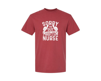brand:Comfort Colors|color:Chili|Sorry This Guy Is Career T Shirt Graphic T-Shirt