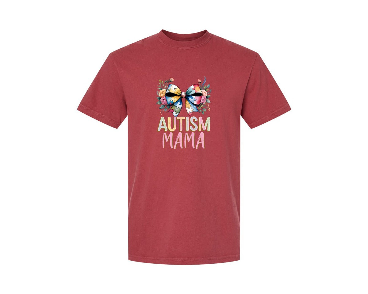 brand:Comfort Colors|color:Chili|Autism Mama Elegant Floral Puzzle Bow Graphic T-Shirt