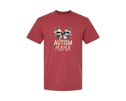 brand:Comfort Colors|color:Chili|Autism Mama Elegant Floral Puzzle Bow Graphic T-Shirt