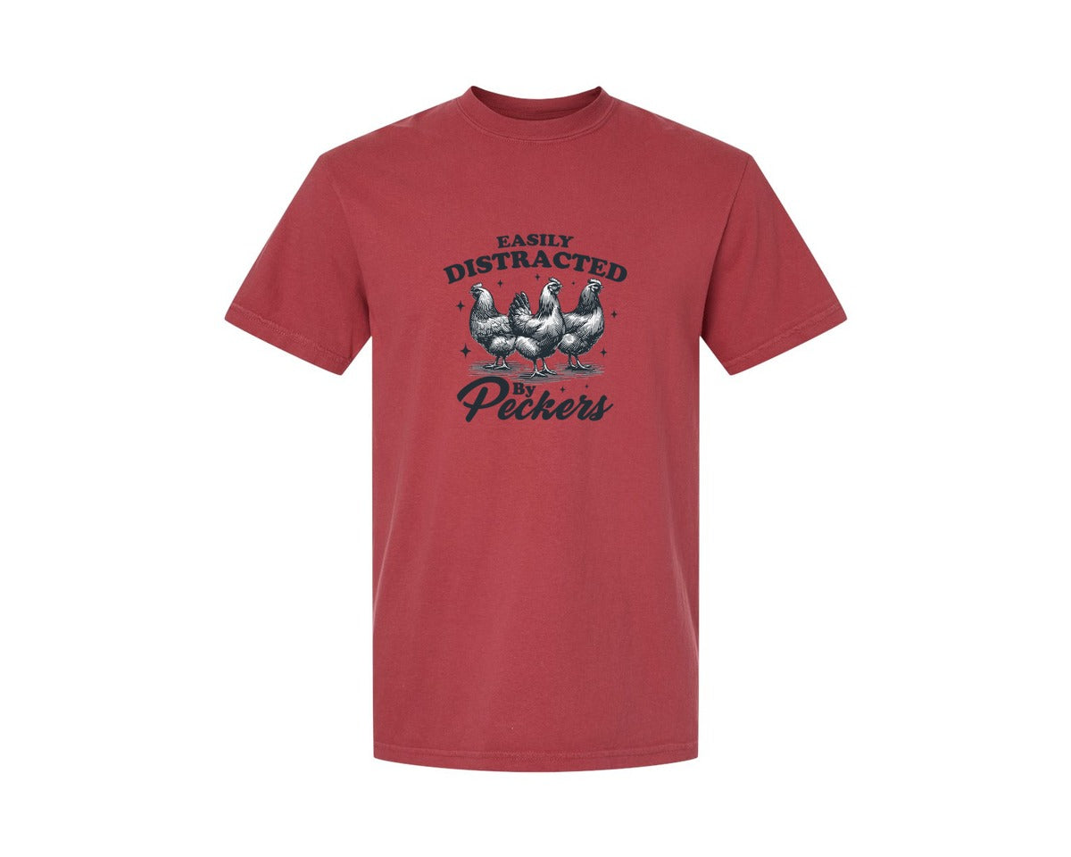 brand:Comfort Colors|color:Chili|Funny Easily Distracted By Peckers Shirt Graphic T-Shirt