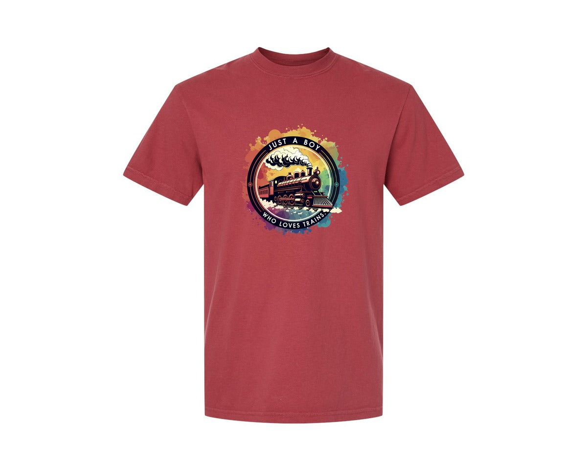 brand:Comfort Colors|color:Chili|Just A Boy Who Loves Trains Graphic T-Shirt