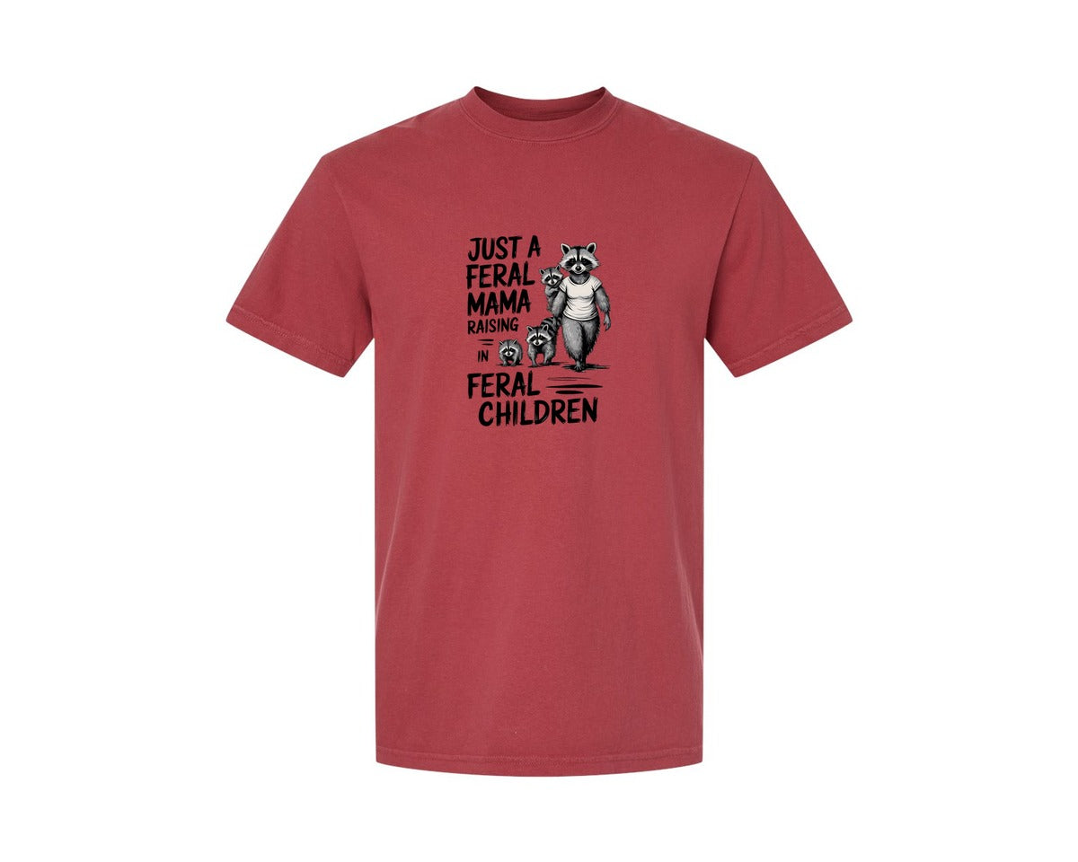 brand:Comfort Colors|color:Chili|Funny Mothers Day Raccoon Mama Tired Graphic T-Shirt