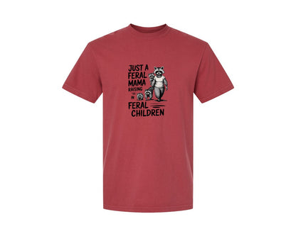 brand:Comfort Colors|color:Chili|Funny Mothers Day Raccoon Mama Tired Graphic T-Shirt