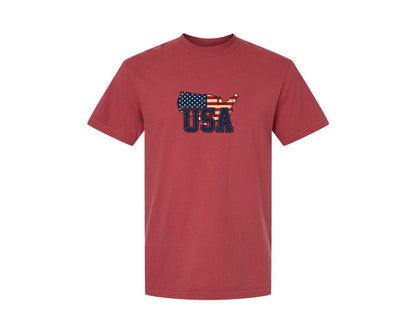 brand:Comfort Colors|color:Chili|America Usa Map 4Th Of July Patriotic Graphic T-Shirt