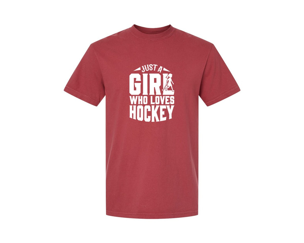 brand:Comfort Colors|color:Chili|Girl Who Loves Hockey Hockey Graphic T-Shirt