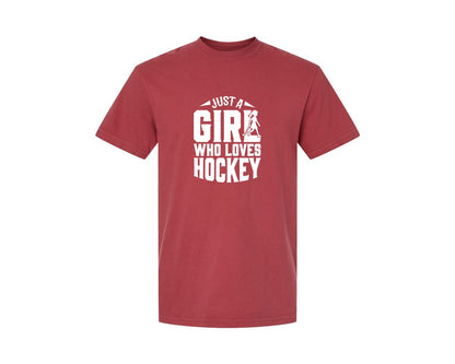 brand:Comfort Colors|color:Chili|Girl Who Loves Hockey Hockey Graphic T-Shirt