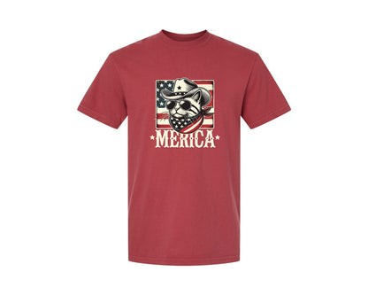 brand:Comfort Colors|color:Chili|Merica Cat Patriotic Cowboy Cat Graphic T-Shirt