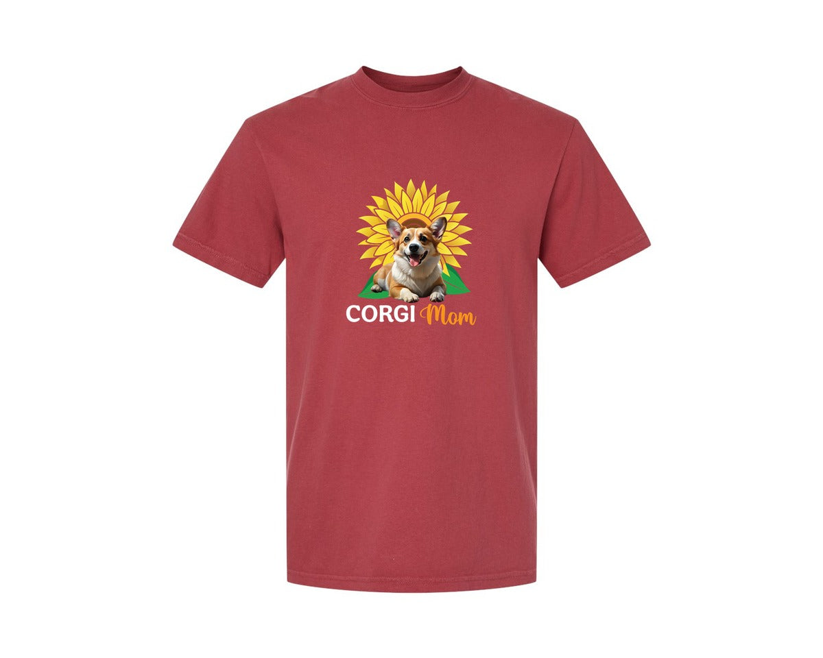brand:Comfort Colors|color:Chili|Corgi Mom Sunflower Graphic T-Shirt