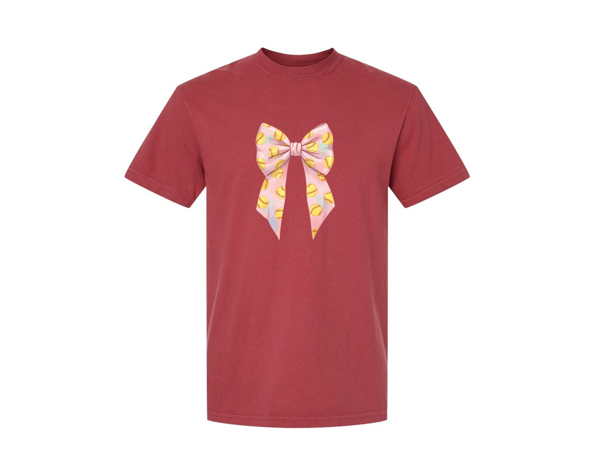 brand:Comfort Colors|color:Chili|Softball Bow Graphic T-Shirt