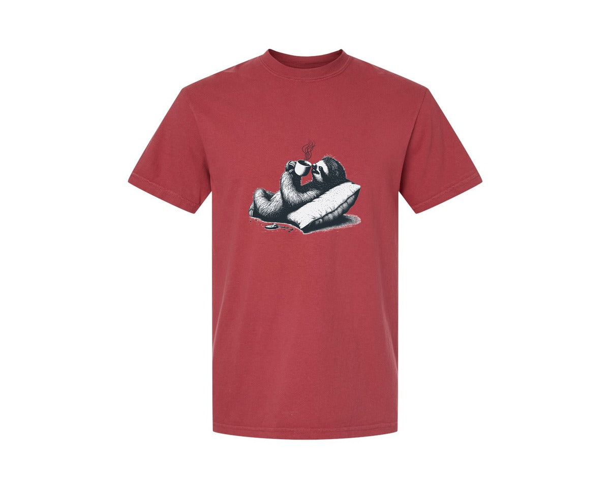 brand:Comfort Colors|color:Chili|Sloth Lying And Drink Coffee Shirt Graphic T-Shirt