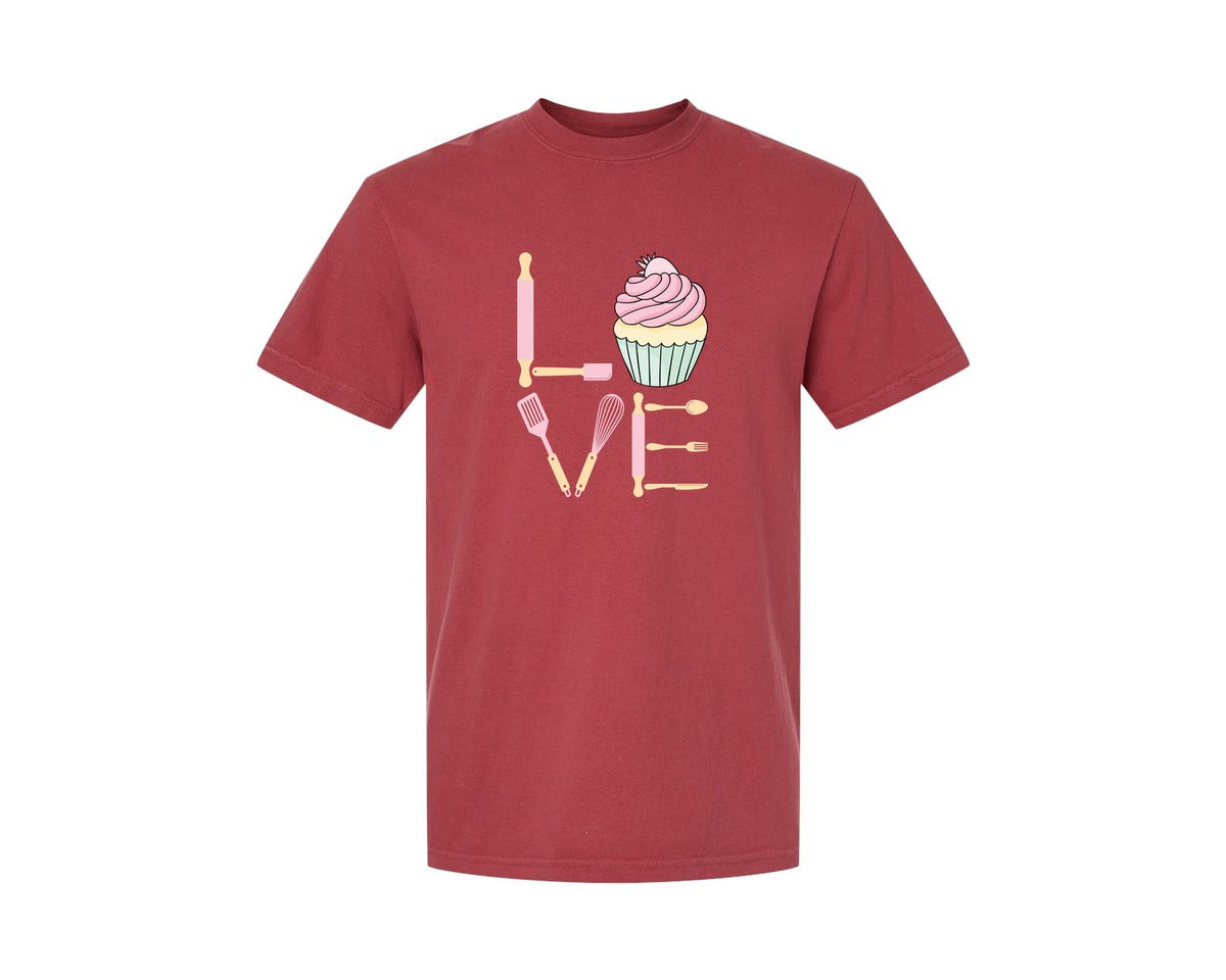 brand:Comfort Colors|color:Chili|Baking Love Cupcake Whisk Spatula Graphic T-Shirt