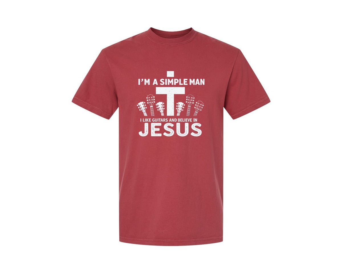 brand:Comfort Colors|color:Chili|Christian Guitar Im A Simple Man Graphic T-Shirt