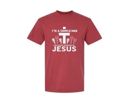 brand:Comfort Colors|color:Chili|Christian Guitar Im A Simple Man Graphic T-Shirt