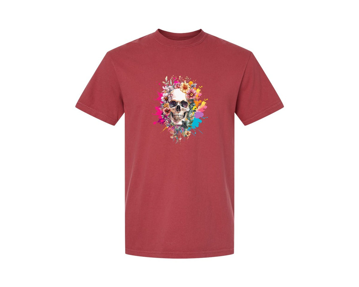 brand:Comfort Colors|color:Chili|Floral Skull Watercolor Skull Shirt Graphic T-Shirt