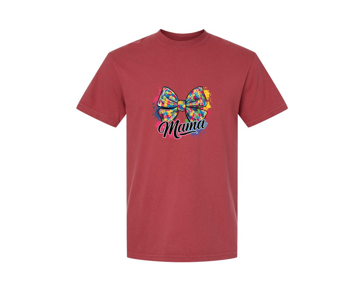 brand:Comfort Colors|color:Chili|Autism Mama Colorful Puzzle Bow Art Graphic T-Shirt