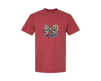 brand:Comfort Colors|color:Chili|Autism Mama Colorful Puzzle Bow Art Graphic T-Shirt