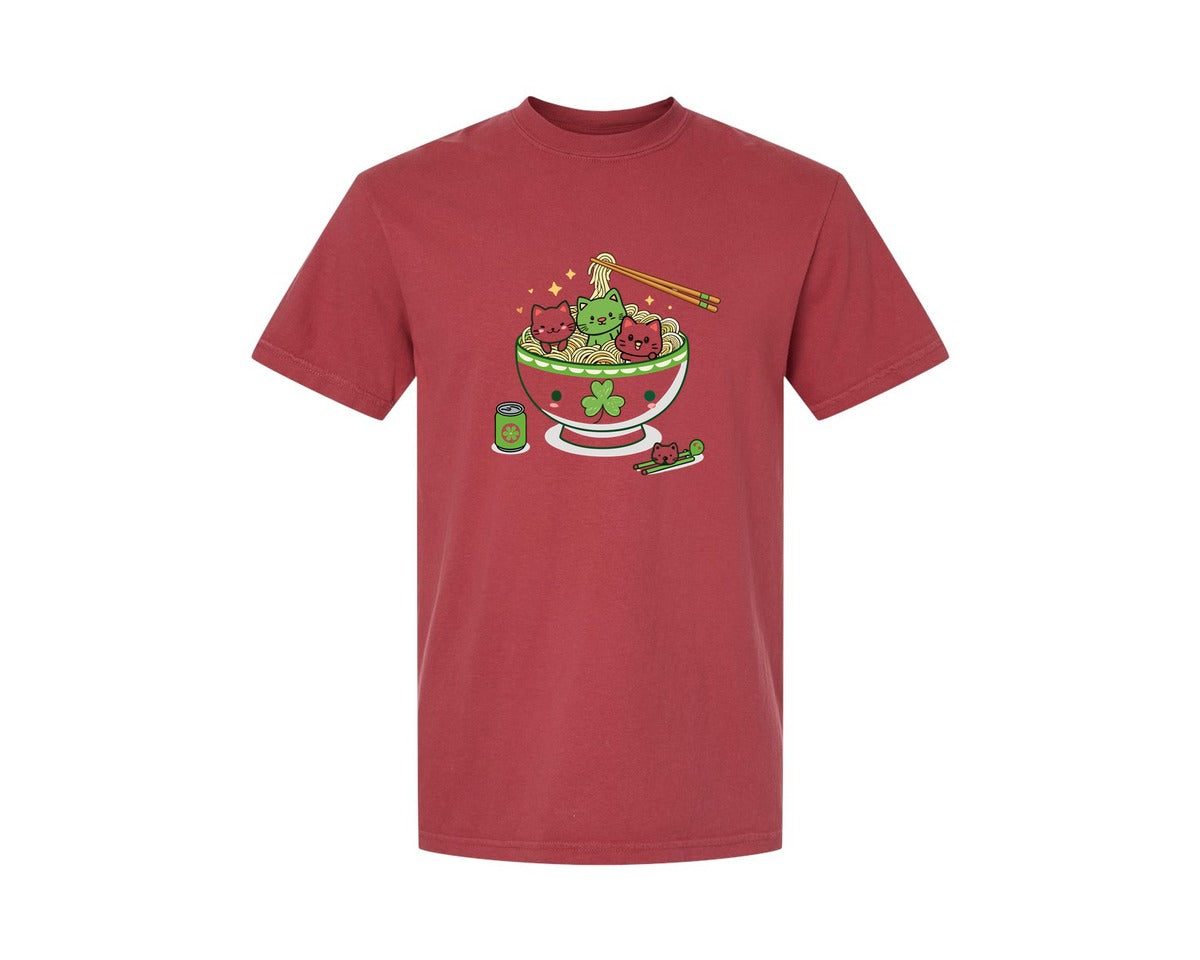 brand:Comfort Colors|color:Chili|Lucky Ramen Cat St Patricks Day Graphic T-Shirt