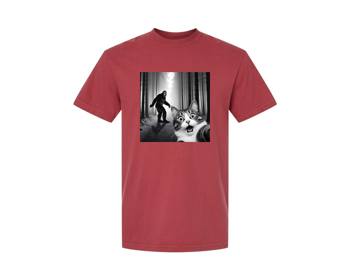 brand:Comfort Colors|color:Chili|Cat Selfie With Sasquatch Graphic T-Shirt