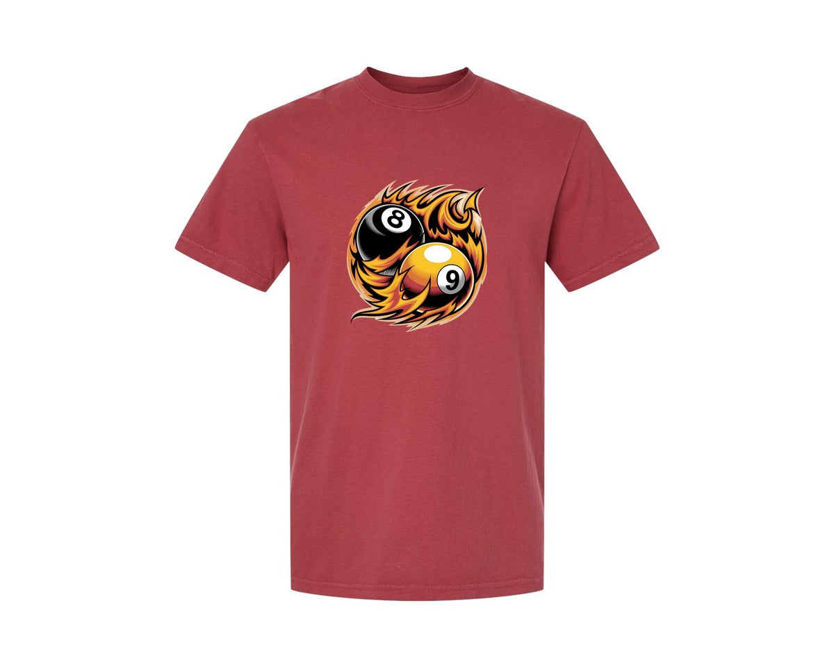 brand:Comfort Colors|color:Chili|Flaming 8 9 Ball Billiards Graphic T-Shirt