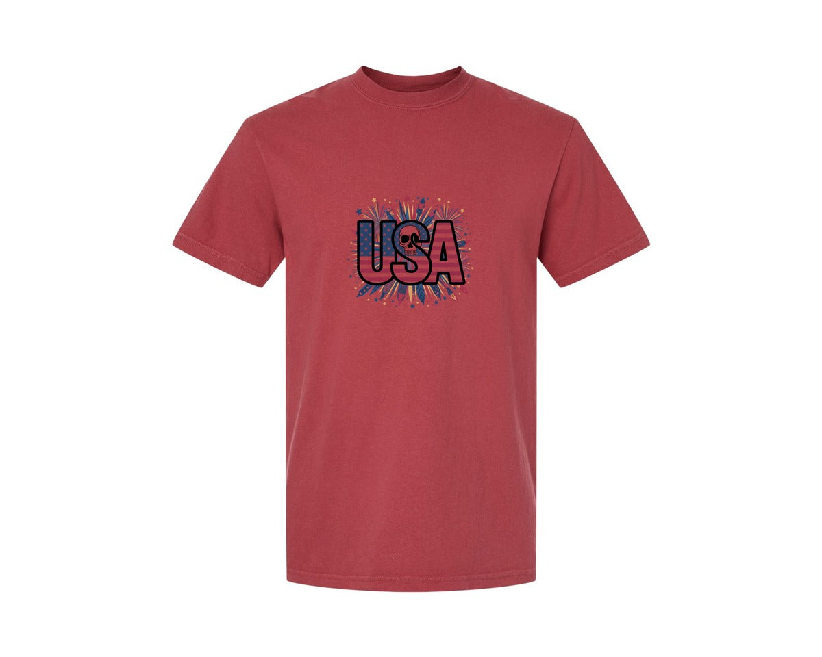 brand:Comfort Colors|color:Chili|Usa Skull Fireworks 4Th Of July T Shirt 2 Graphic T-Shirt