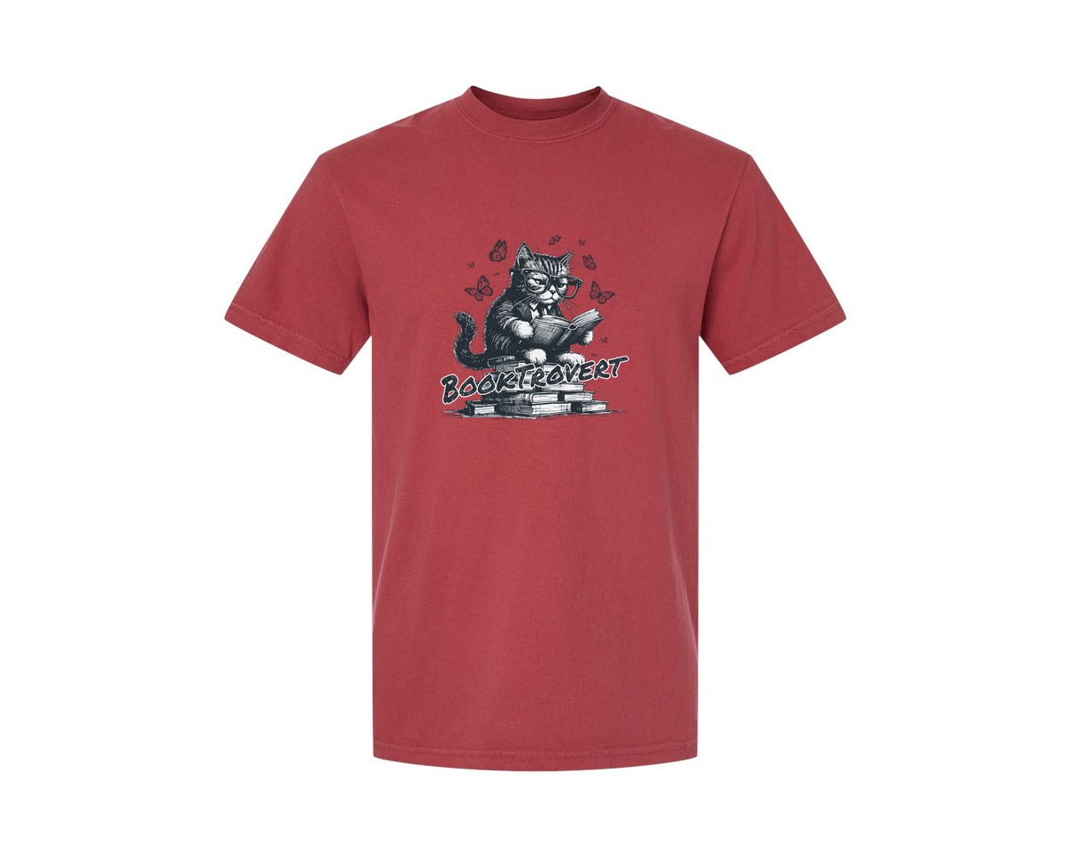 brand:Comfort Colors|color:Chili|Book Trovert Reading Cat Shirt Graphic T-Shirt