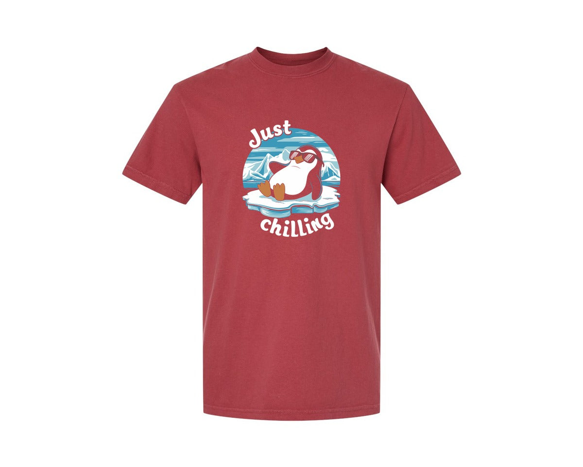 brand:Comfort Colors|color:Chili|Just Chilling Penguin Pun Relaxed Vibes Graphic T-Shirt