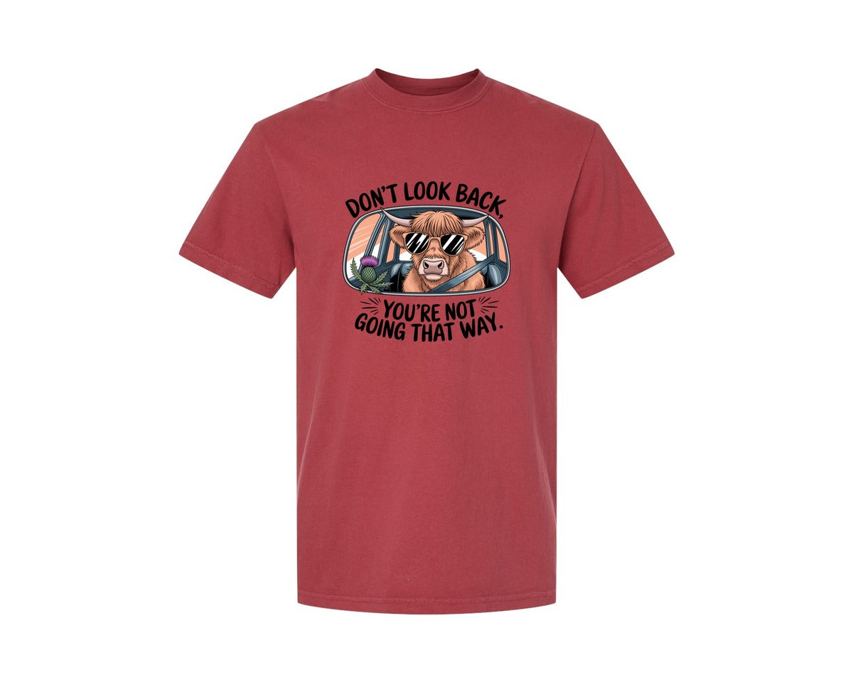 brand:Comfort Colors|color:Chili|Dont Look Back Highland Cow Graphic T-Shirt
