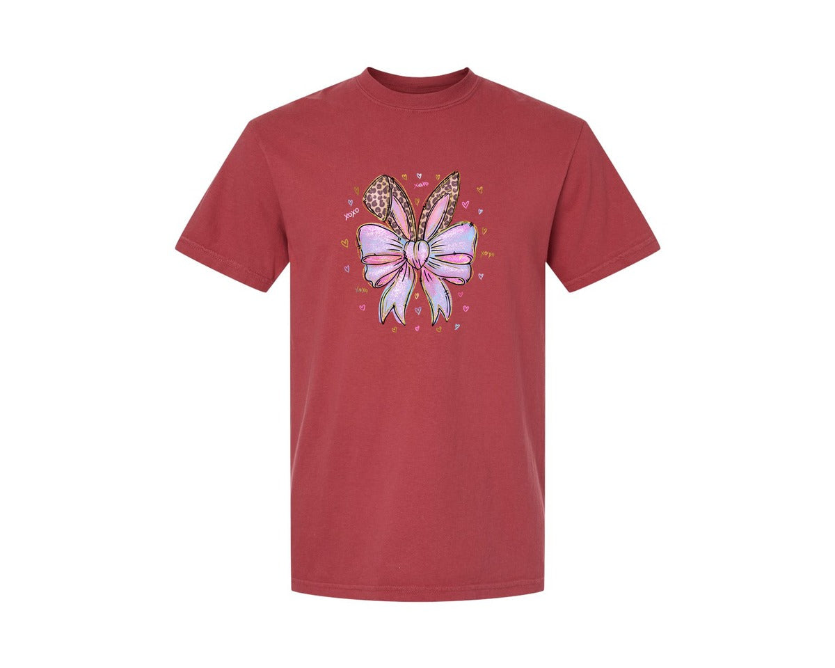 brand:Comfort Colors|color:Chili|Leopard Bunny Ears Pink Blue Bow Graphic T-Shirt