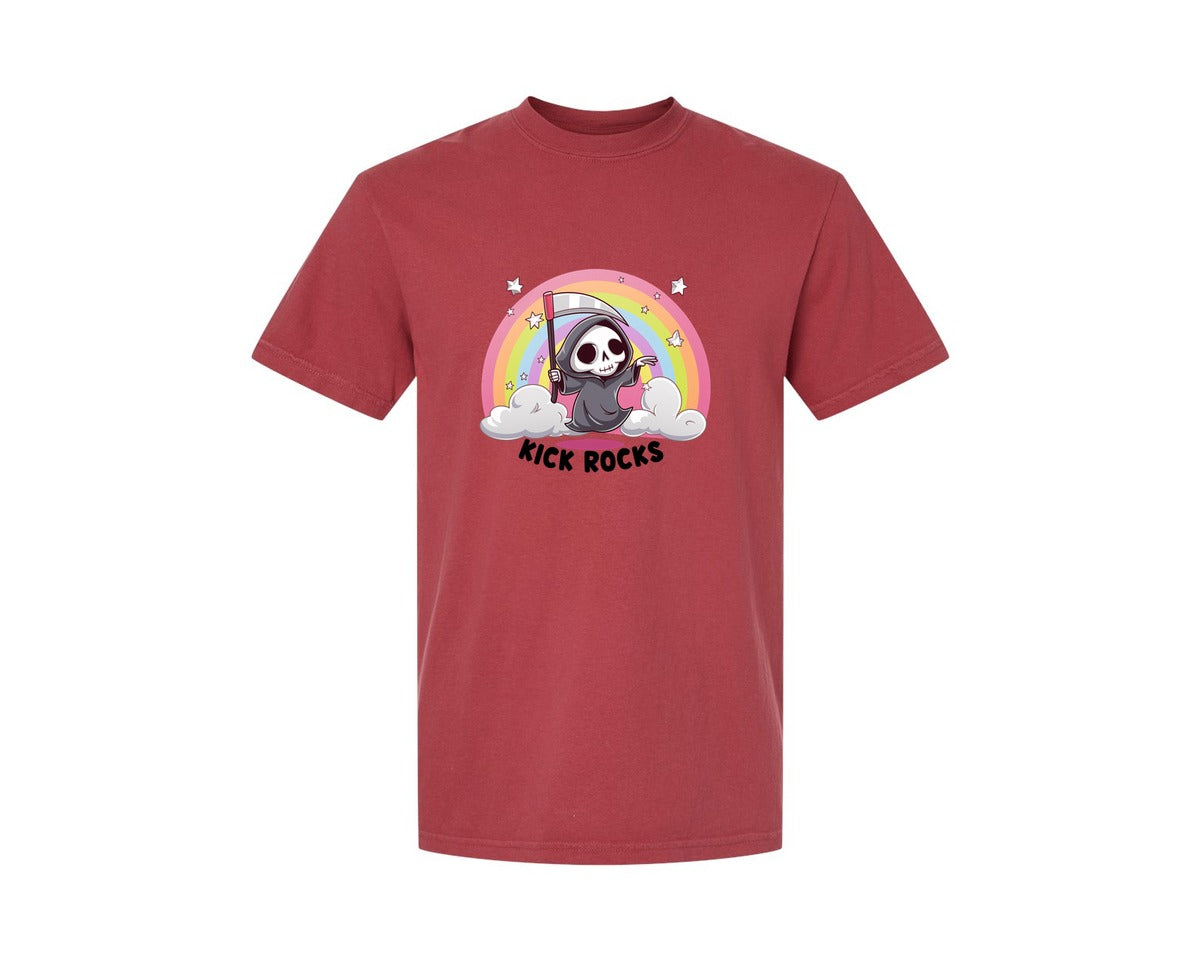 brand:Comfort Colors|color:Chili|Kick Rocks Cute Grim Reaper Graphic T-Shirt