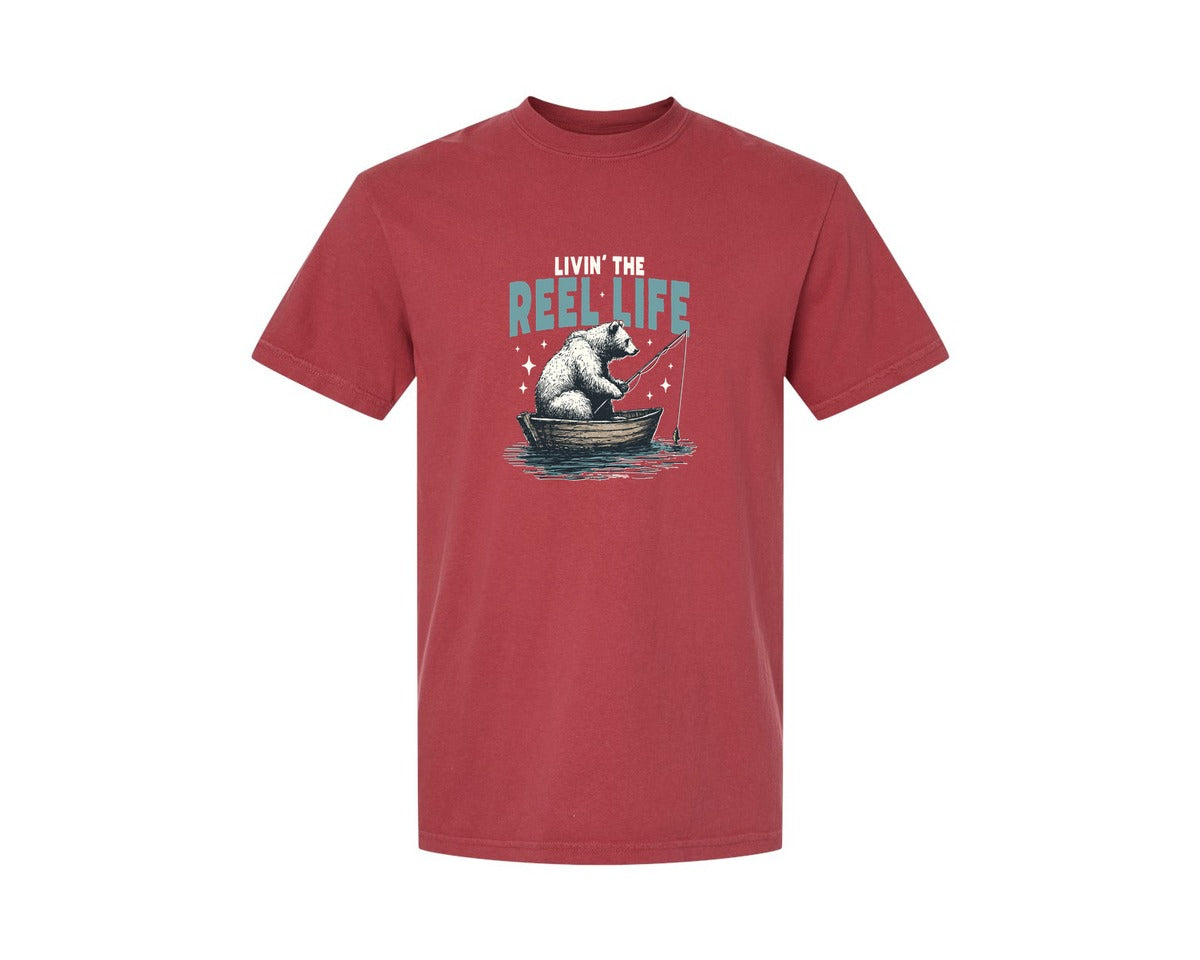 brand:Comfort Colors|color:Chili|Livin The Reel Life Bear Fishing Shirt Graphic T-Shirt