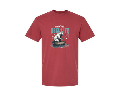 brand:Comfort Colors|color:Chili|Livin The Reel Life Bear Fishing Shirt Graphic T-Shirt