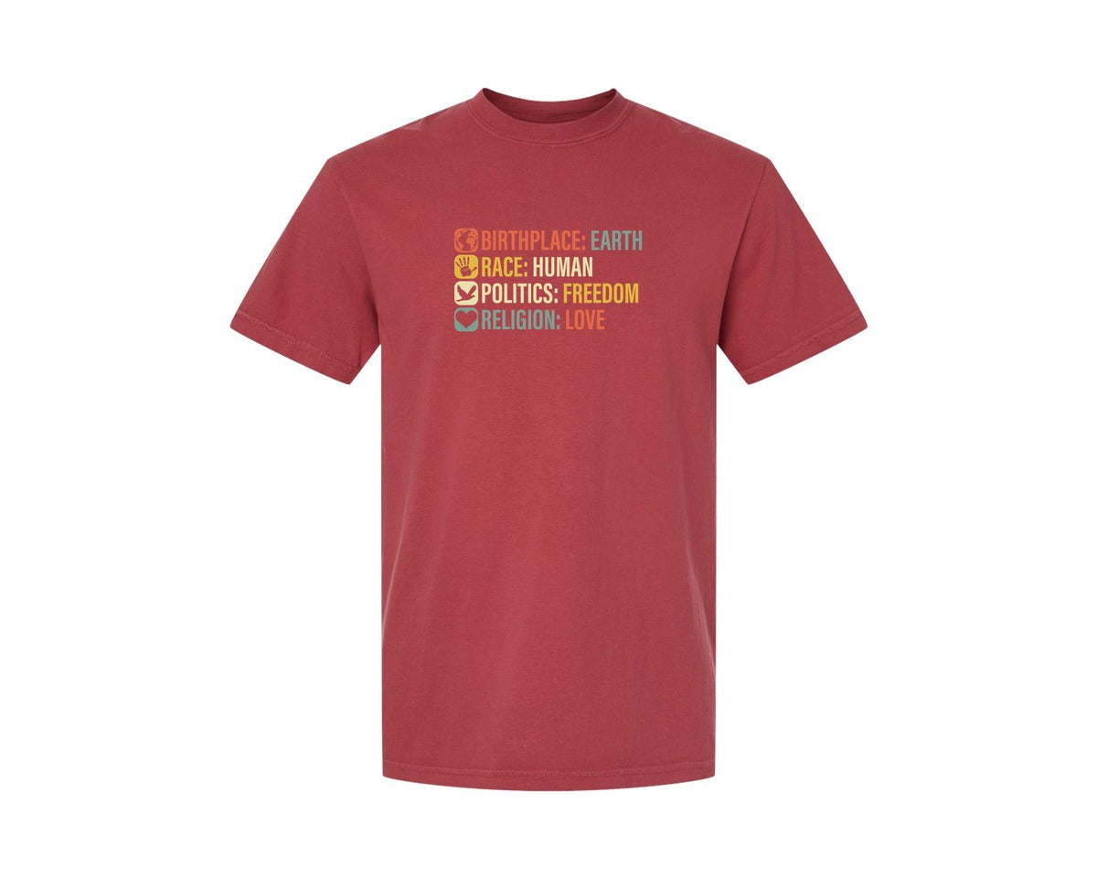 brand:Comfort Colors|color:Chili|Birthplace Earth Race Human Politics 4 Graphic T-Shirt