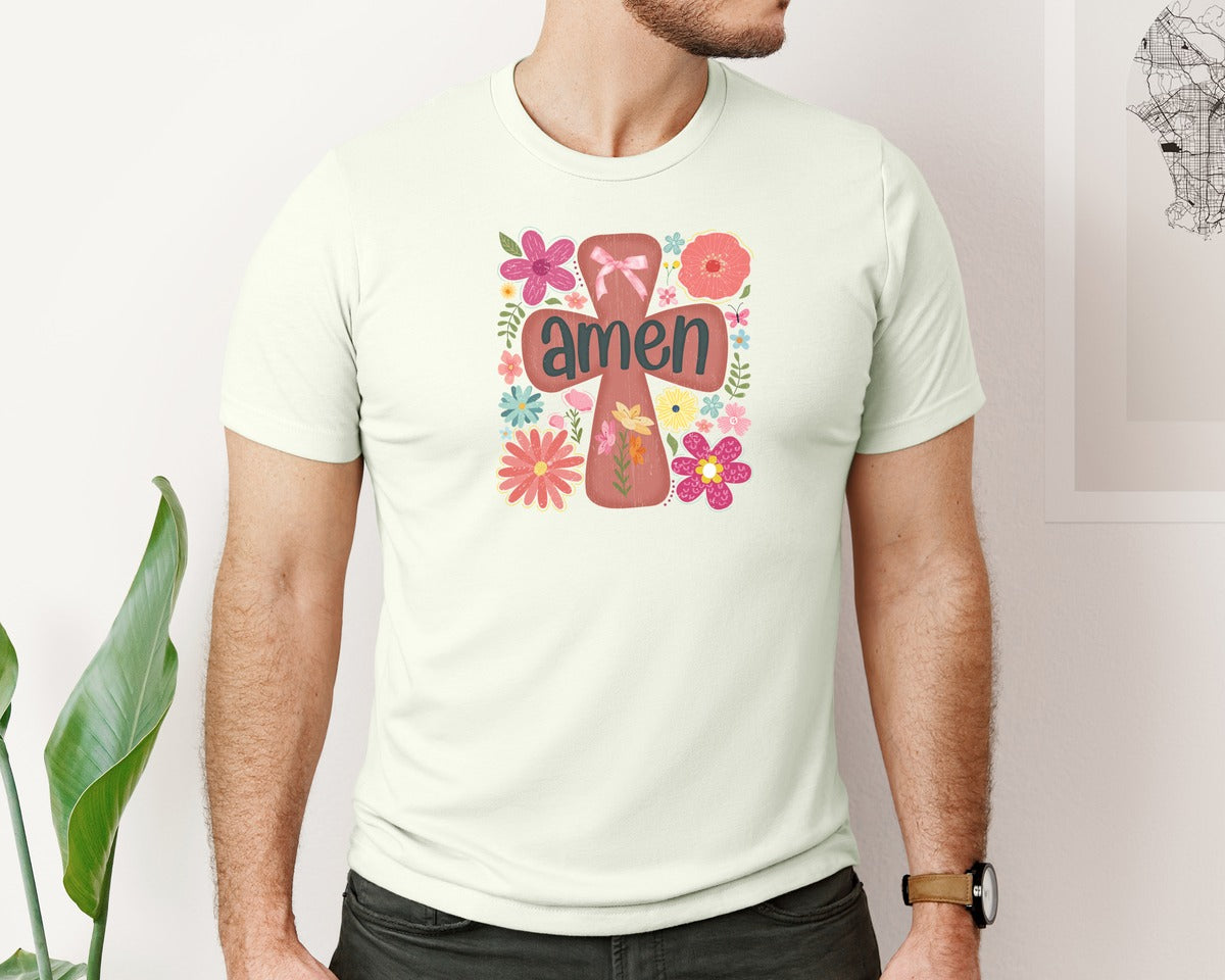 brand:Bella Canvas|color:Citron|Boho Floral Amen Christian Graphic T-Shirt