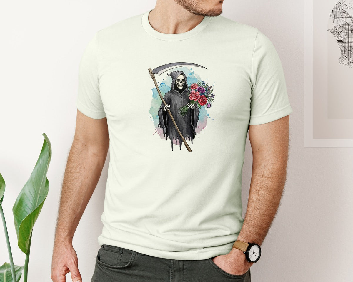 brand:Bella Canvas|color:Citron|Grim Reaper With Flowers Gothic Graphic T-Shirt