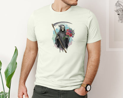 brand:Bella Canvas|color:Citron|Grim Reaper With Flowers Gothic Graphic T-Shirt