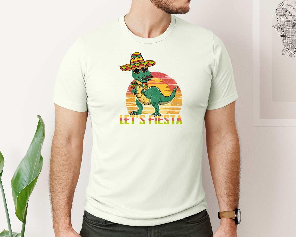 brand:Bella Canvas|color:Citron|Lets Fiesta Dinosaur Cinco De Mayo Graphic T-Shirt