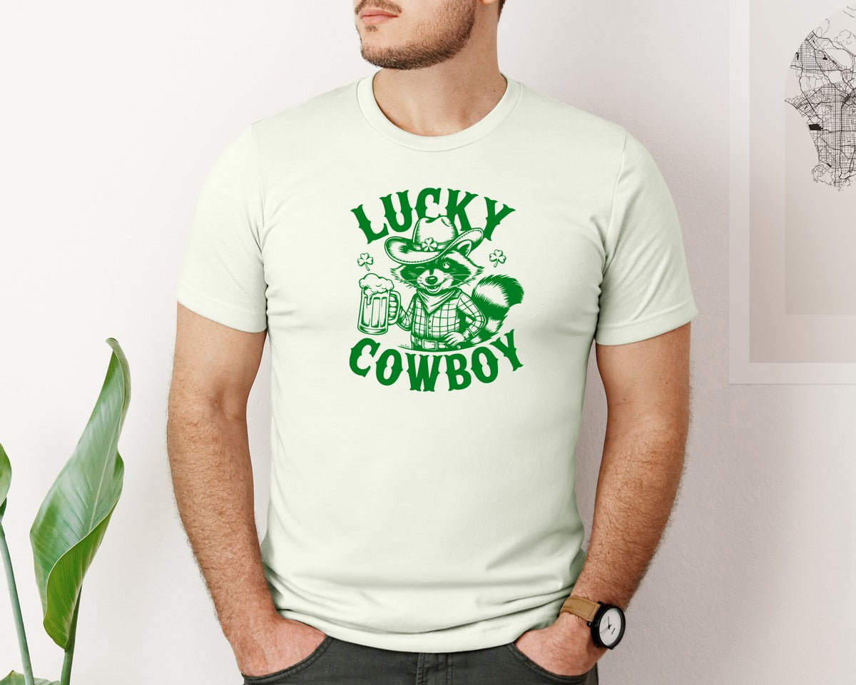 brand:Bella Canvas|color:Citron|Lucky Cowboy Funny St Patricks Day Graphic T-Shirt