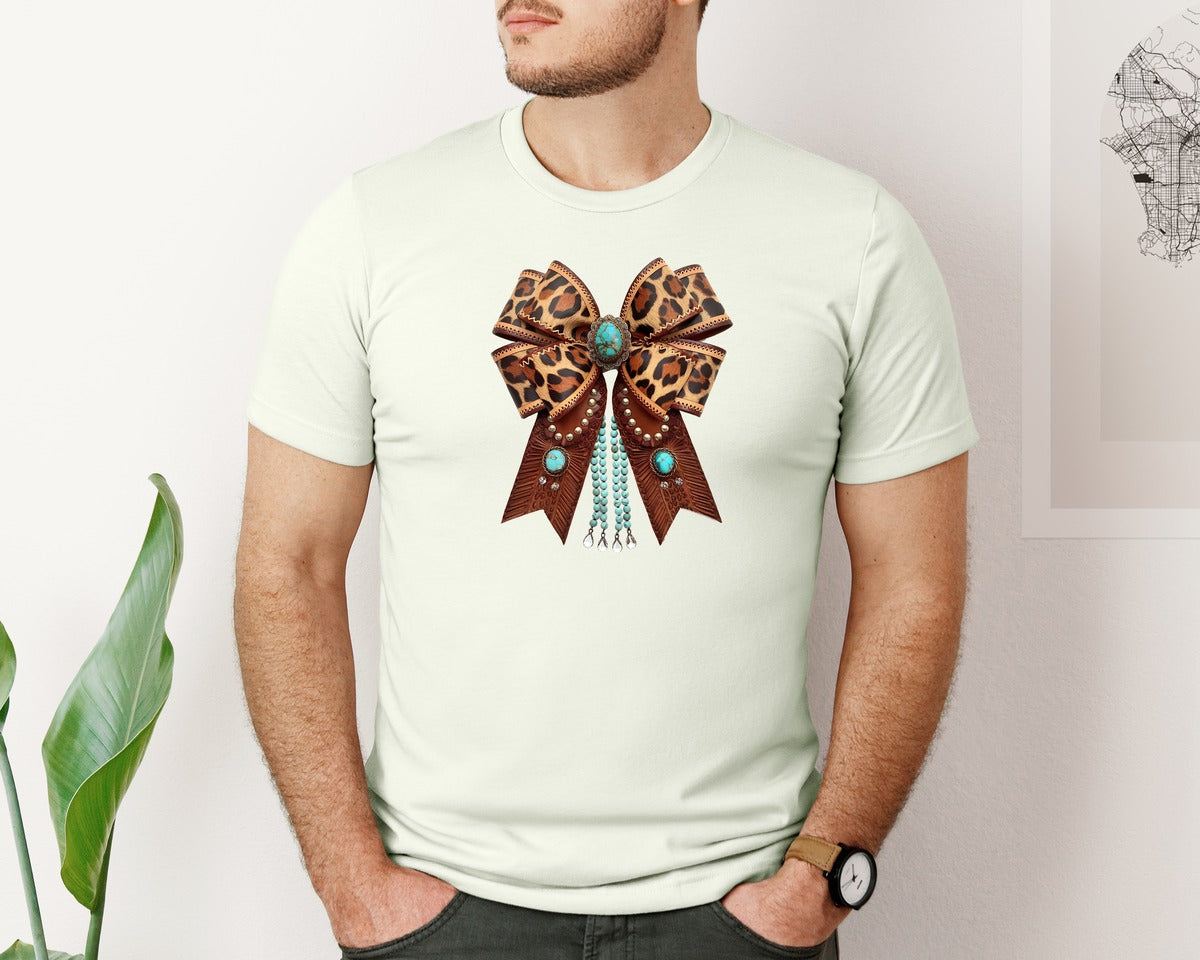 brand:Bella Canvas|color:Citron|Western Leopard Bow Bohemian Coquette Graphic T-Shirt