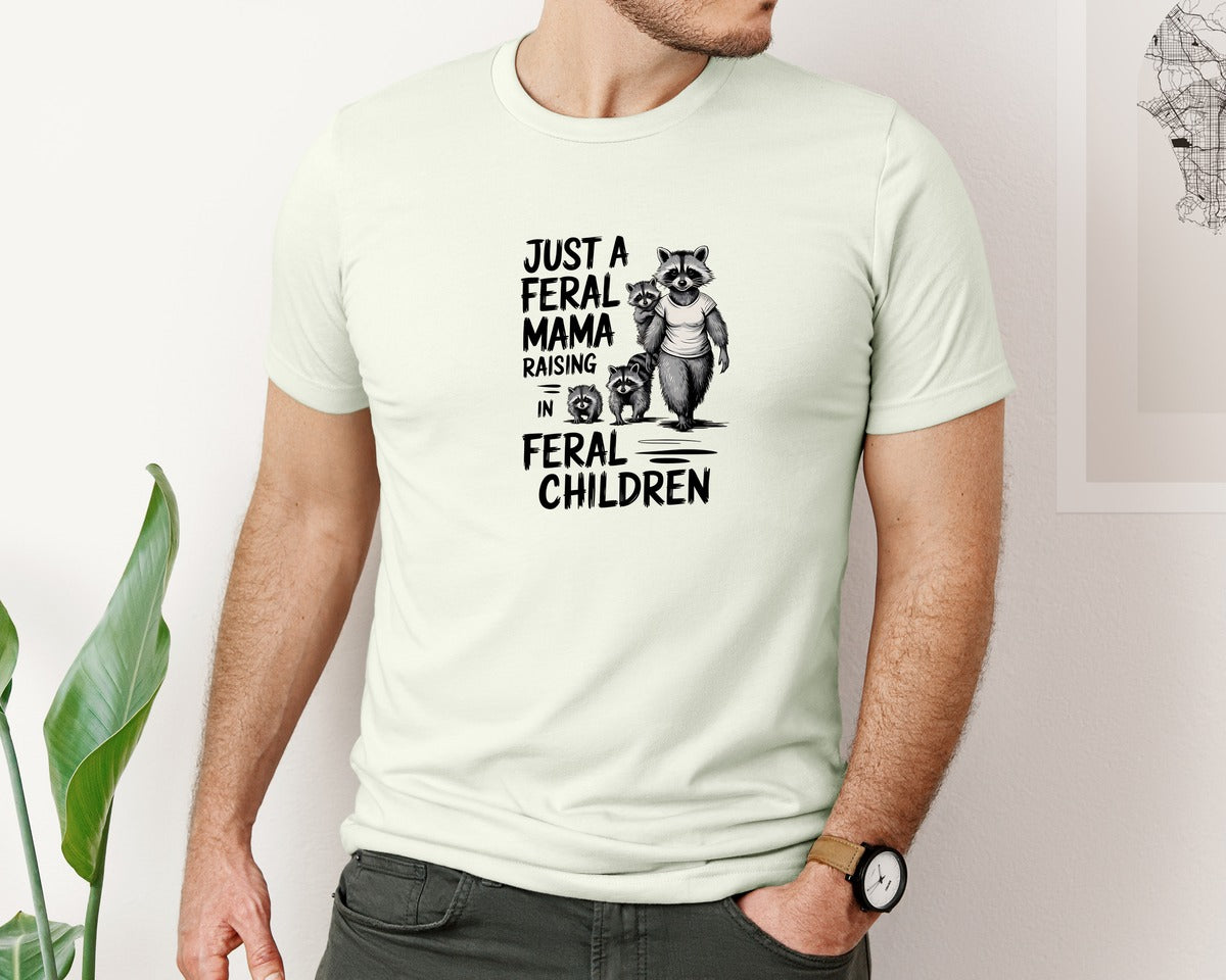 brand:Bella Canvas|color:Citron|Funny Mothers Day Raccoon Mama Tired Graphic T-Shirt