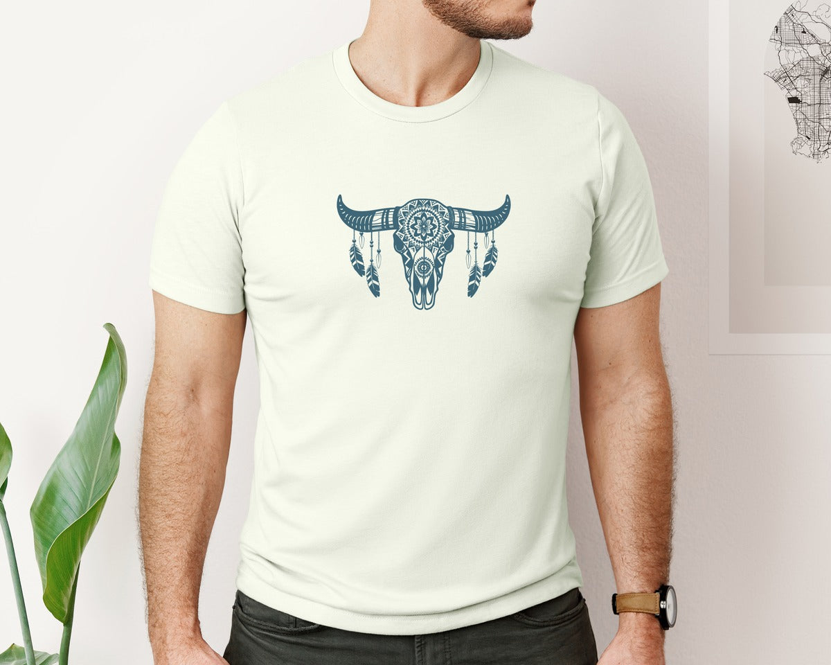 brand:Bella Canvas|color:Citron|Western Bull Skull Aztec Boho Longhorn Graphic T-Shirt