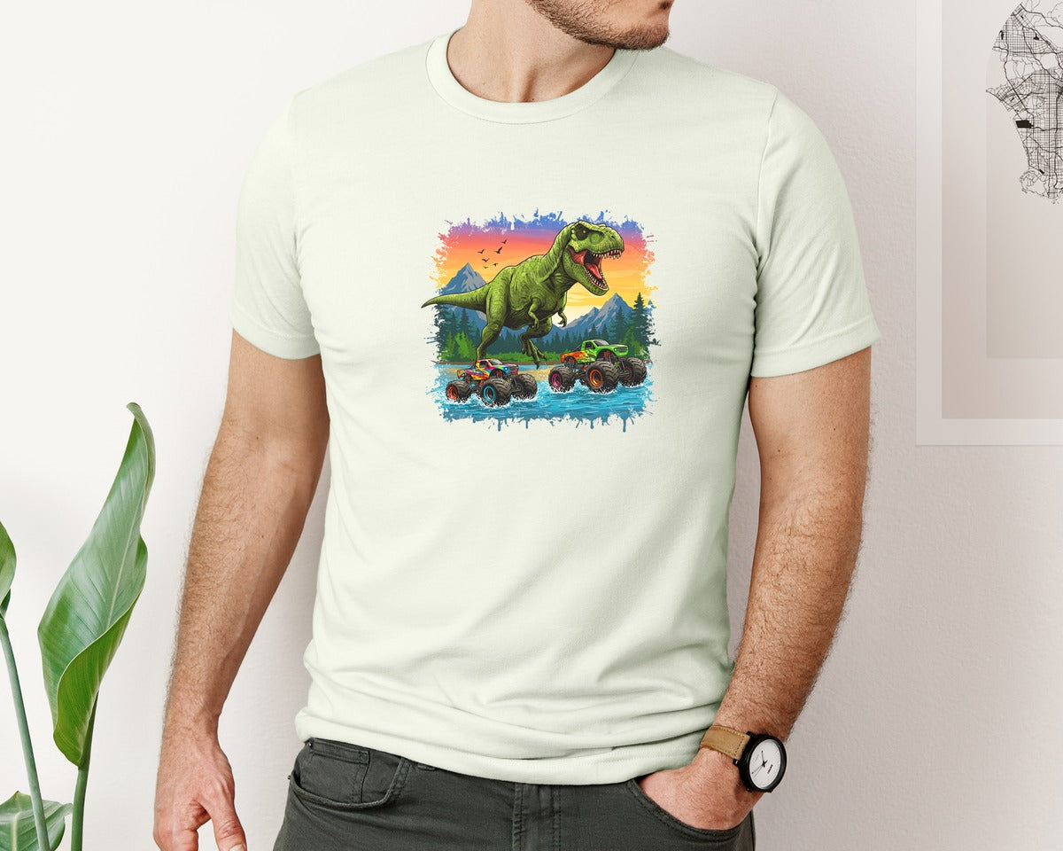 brand:Bella Canvas|color:Citron|Dinosaur Monster Truck T Rex Graphic T-Shirt
