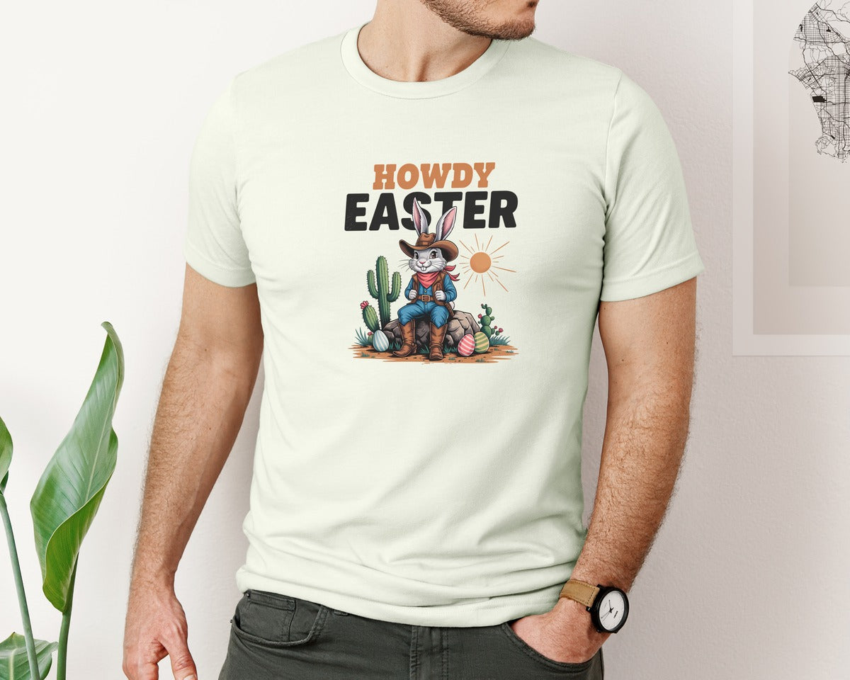 brand:Bella Canvas|color:Citron|Howdy Easter Western Cowboy Bunny 2 Graphic T-Shirt