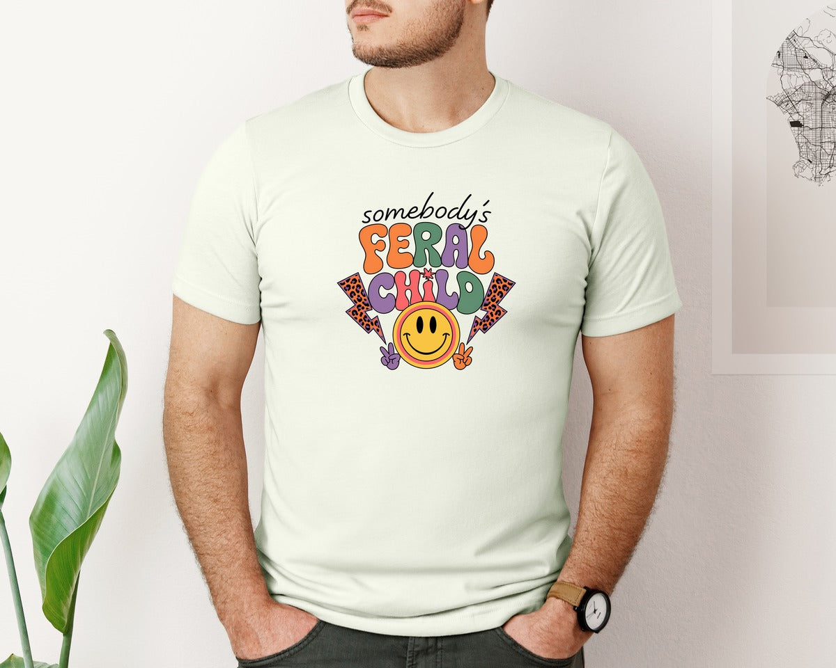 brand:Bella Canvas|color:Citron|Somebodys Feral Child Funny Summer Graphic T-Shirt