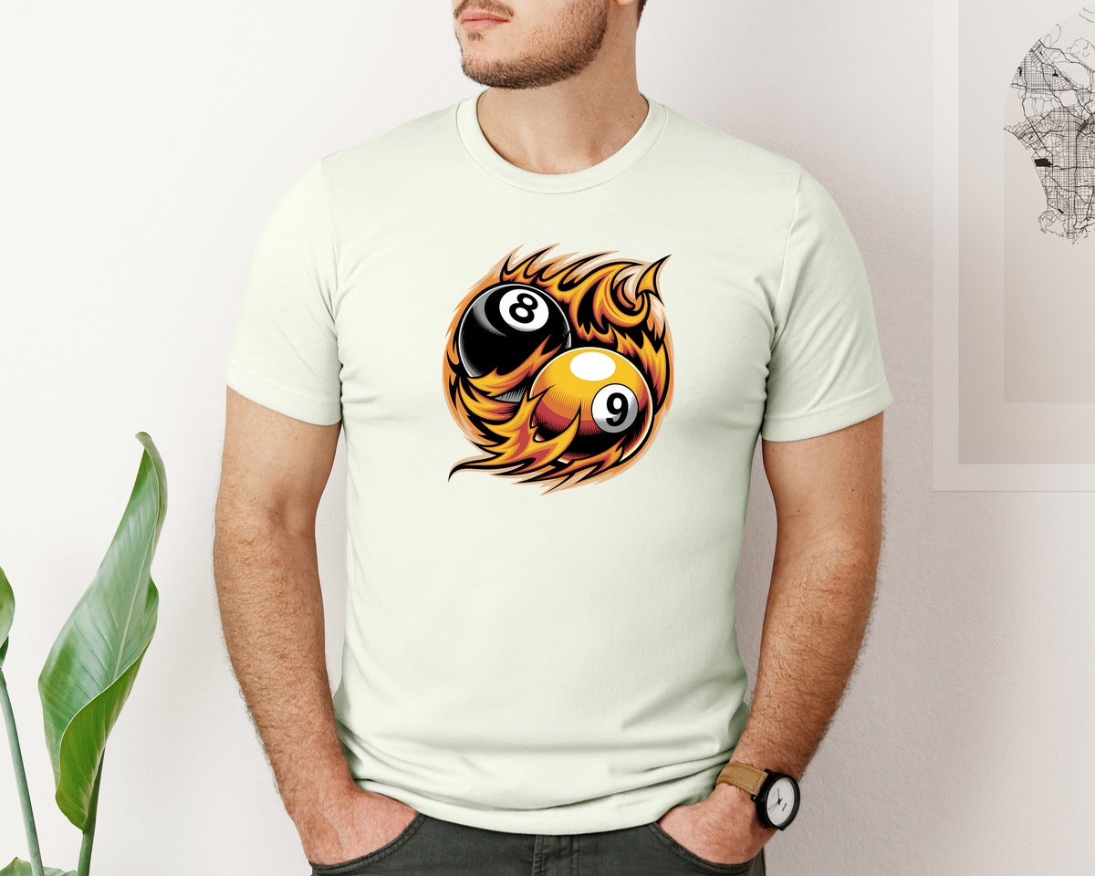 brand:Bella Canvas|color:Citron|Flaming 8 9 Ball Billiards Graphic T-Shirt