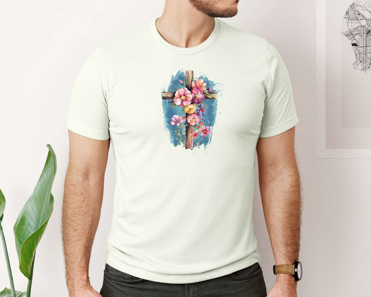 brand:Bella Canvas|color:Citron|Floral Christian Cross Graphic T-Shirt