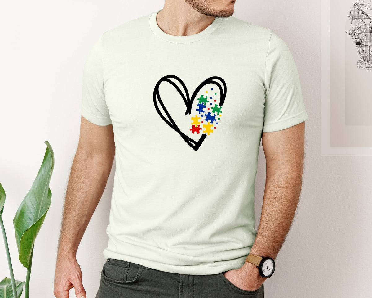 brand:Bella Canvas|color:Citron|Autism Heart Autism Puzzle Graphic T-Shirt